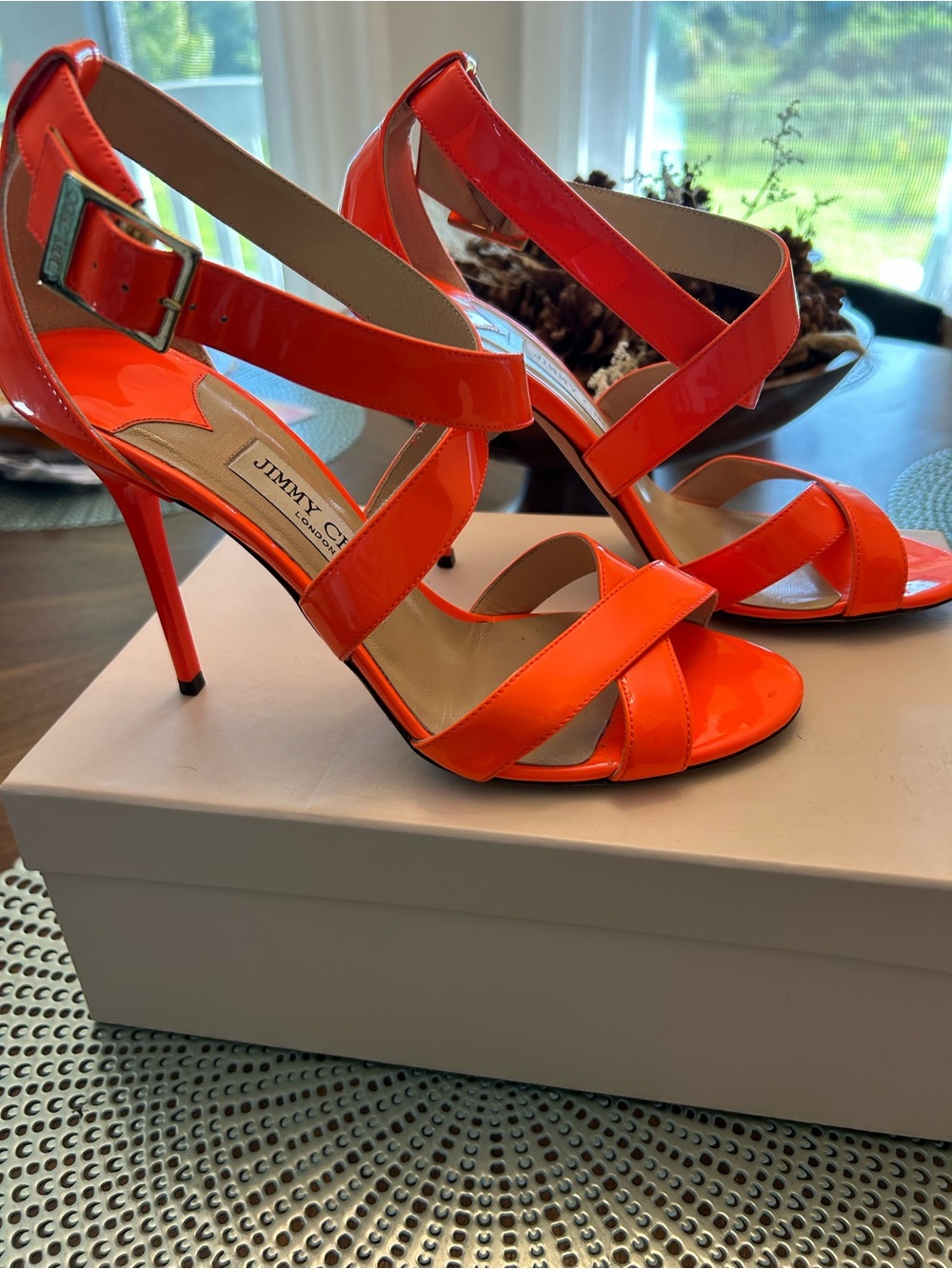 Jimmy Choo Women's Neon Orange Patent Leather Strappy Heels 🔥